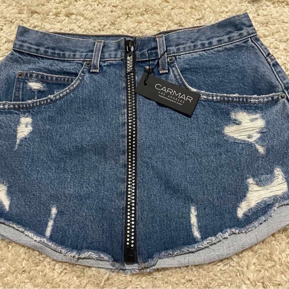 NWT CARMAR zip up distressed denim mini skirt size 30